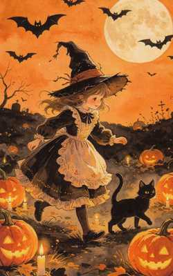 Halloween noitatyttö ja kissa, kurpitsat ja kynttilät
