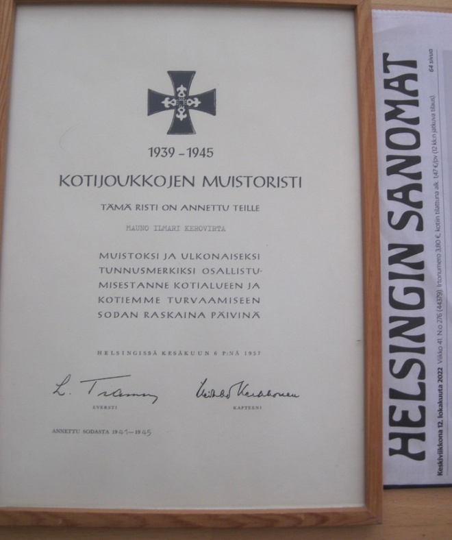 VANHA Luovari Kotijoukkojen Muistoristi 1957