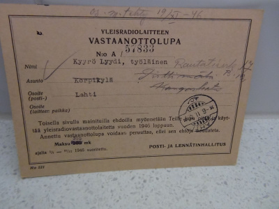 YLEISRADIOLAITTEEN VASTAANOTTOLUPA No: 57833 ,1946