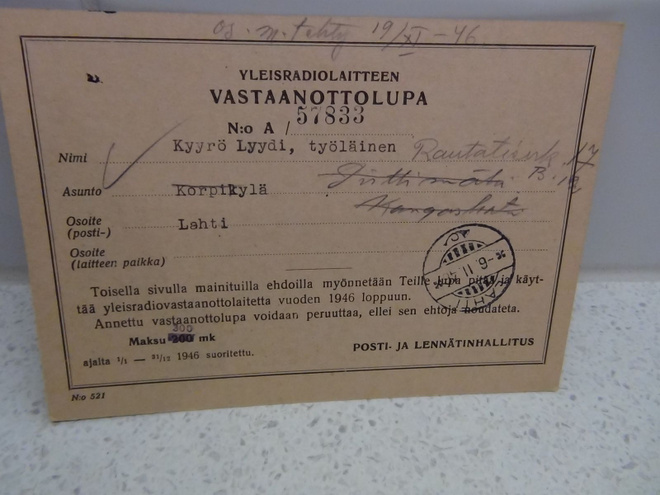 YLEISRADIOLAITTEEN VASTAANOTTOLUPA No: 57833 ,1946