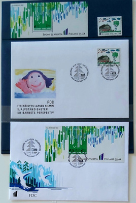 SUOMI 75 KANSIO, JOSSA FDC-KUORET JA PT- MERKIT