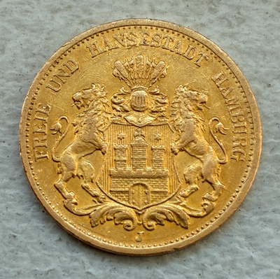 Kultaraha Saksa, 20 Mark 1893 Hamburg J, kulta
