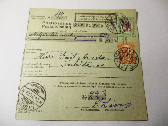 1928 Uuras postiosoitus os Inkilä as.