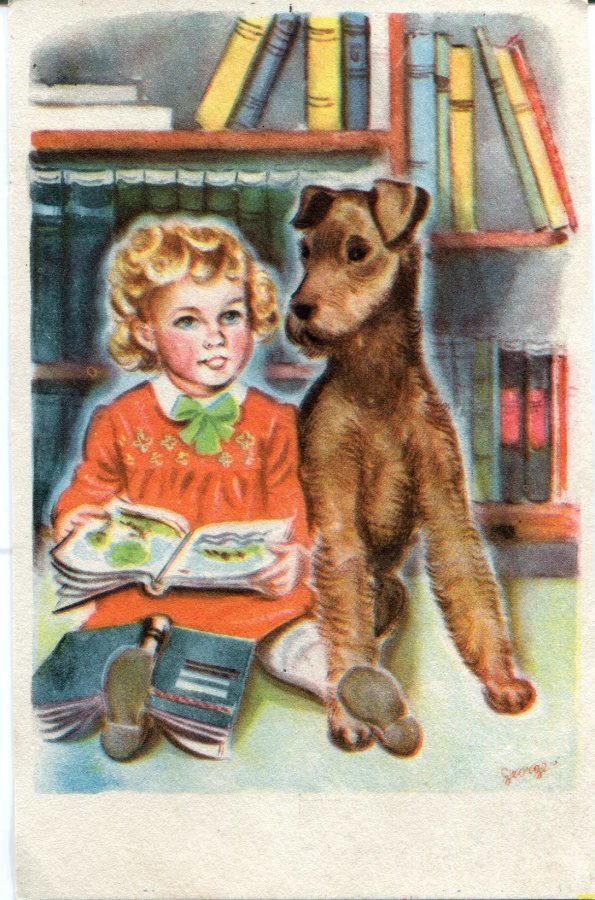 Lapsi - Tyttö ja suloinen koira - Kortti 1940-50-luvulta