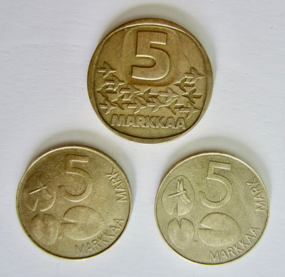 3 kpl 5 markan kolikkoja, 1984,1993 ja 1994