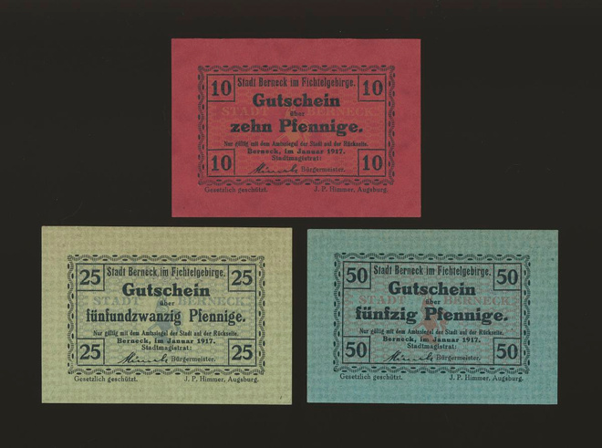 Saksa Notgeld 10, 25, 50 Pfennig, Berneck 1917