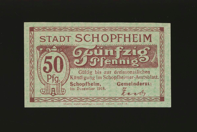 Saksa Notgeld 50 Pfennig, Schopfheim 1918