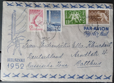 Olympia-merkit lentokuorella Itä-Saksaan 1952
