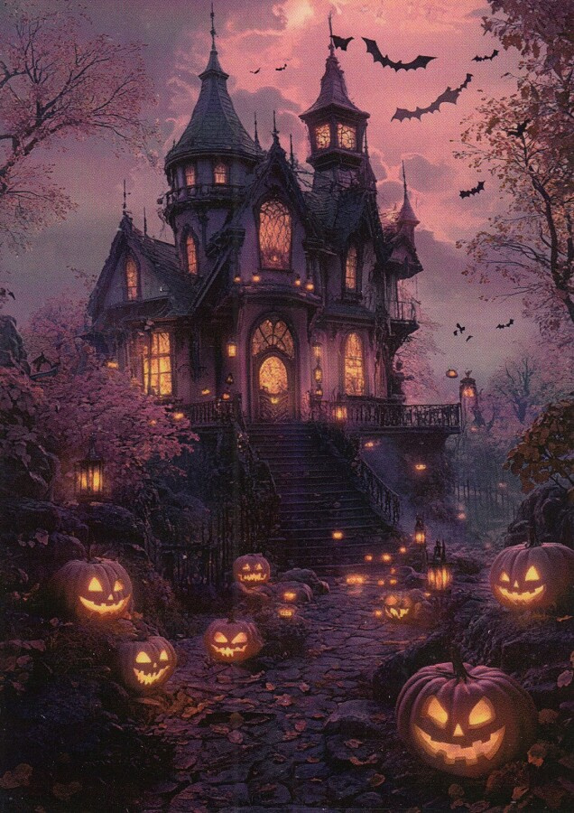Halloween talon piha täynnä kurpitsoja