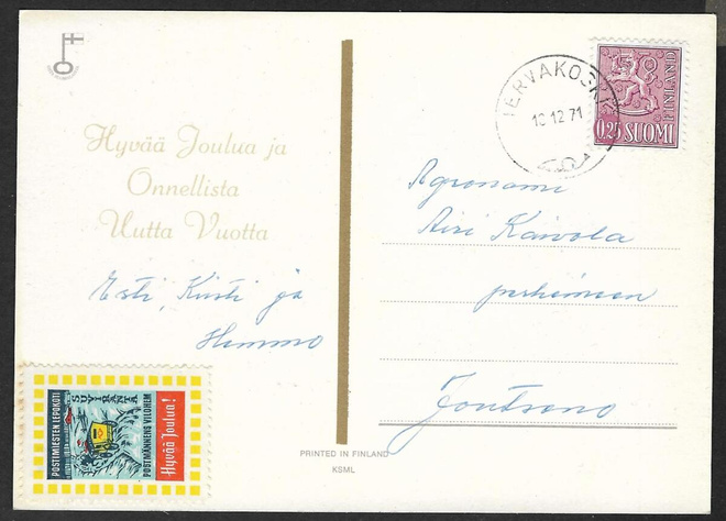 Postilähetys - Yl.m. 0,25mk (LAPE 563) Tervakoski 18.12.71