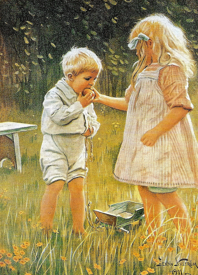 Jenny Nyström <> lapset puutarhassa 1913