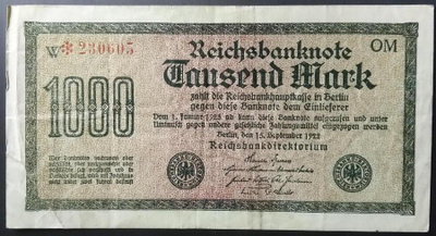 Infla-ajan saksalainen 1000 RM:n seteli 1922