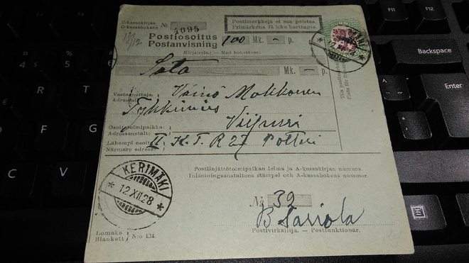 Kerimäki - Viipuri Sotilaspostia 1928 26/1