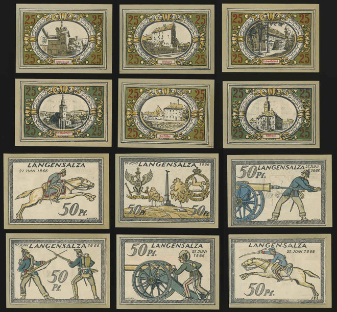 Saksa Notgeld 6 x 25, 6 x 50 Pfg, Langensalza 1921