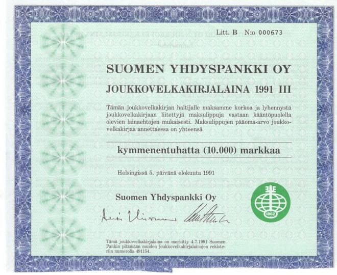 OKK obligaatio jvk-laina III v. 1991