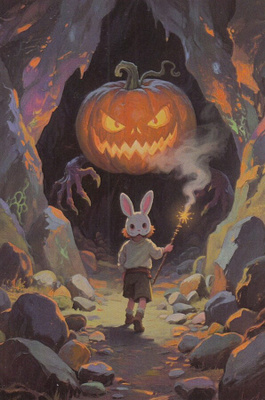 Halloween kurpitsahirviö luolassa
