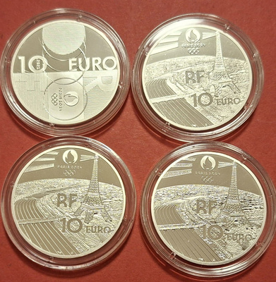 4 x Paris Olympics 999 hopea rahoja. Yhteispaino 88 g. (KD7)