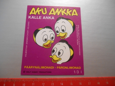 Aku Ankka Päärynälimonadi Sinebrychoff etiketti Tupu Hupu Lu