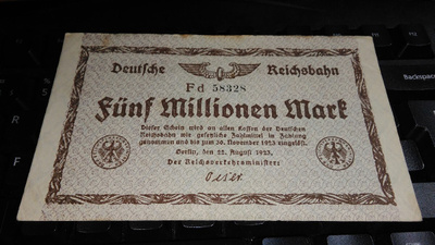 Germany Saksa Rautatie 5 millions Marks 1923 VF-