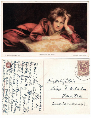Vanha kortti, Philip Boileau, punapukuinen nainen, v. 1920