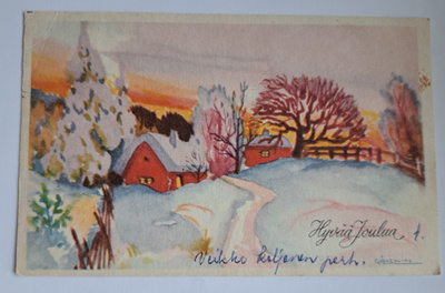 G.Åkerlind: kylä, talvimaisema, kulkenut 1963, joulumerkki