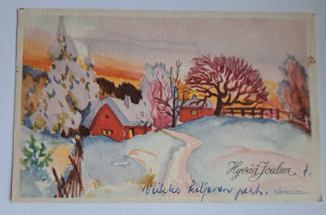 G.Åkerlind: kylä,  talvimaisema, kulkenut 1963, joulumerkki