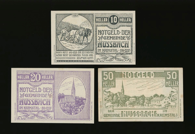 Itävalta Notgeld 10, 20, 50 Heller, Nussbach 1920