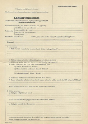 Lääkärinlausunto - täyttämätön lomake noin v. 1950