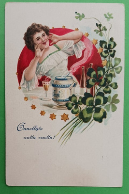 Leidi huutelee Uuden Vuoden tervehdyksiä, neliapiloita 1910
