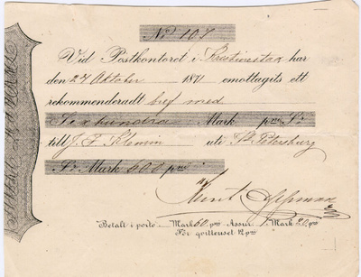 1871 kirjauskuitti Kristiinankaupunki