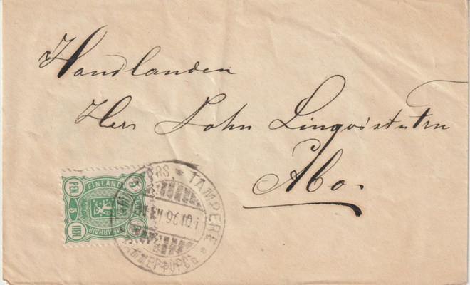 1896 5p Vaakunamerkillä pikkukirje Tampereelta Turkuun