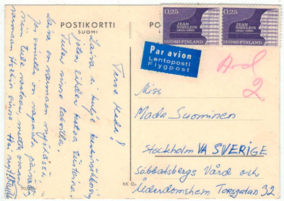 1965 Sibelius 25p pari lentokortti Ruotsiin