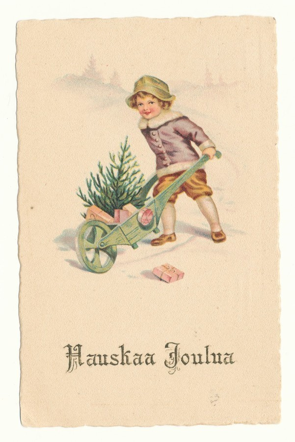 Pojalla kuusi kärryissä - vanha joulukortti