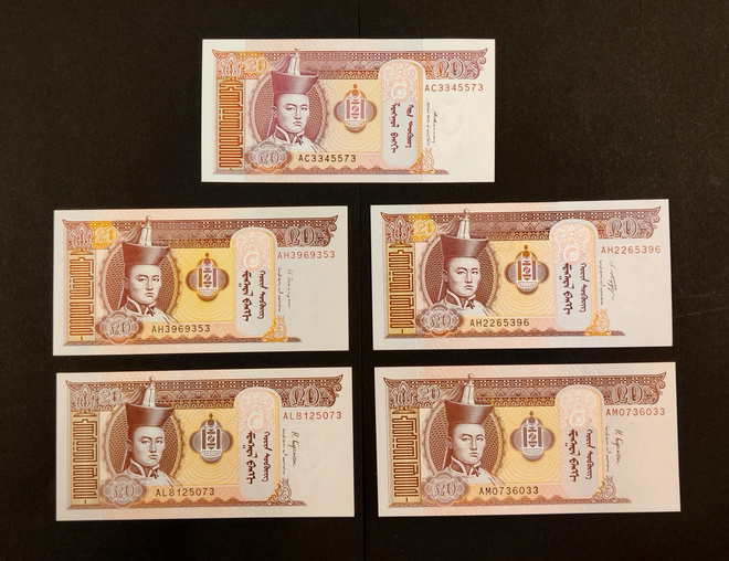 Mongolia 20 Togrog, 5kpl erilaisia, UNC
