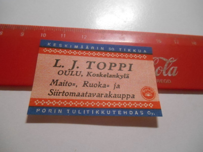 TT Etiketti Puijo L.J.Toppi Oulu Koskelankylä