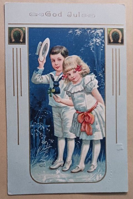 Lapset kauniisti puettuna toivottavat Joulua, kohop, p. 1907