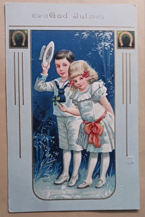 Lapset kauniisti puettuna toivottavat Joulua, kohop, p. 1907
