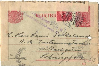 KORTTI KIRJE RUOTSI -HELSNKI SENSUURILEIMA + SENSUURILIUSKAT