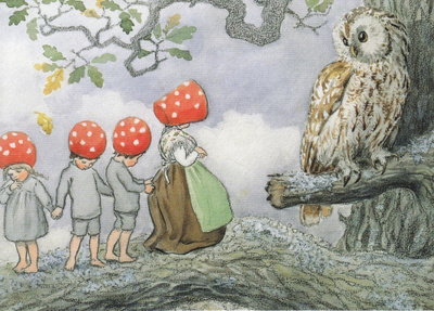 Elsa Beskow: Pöllö, Tonttulan lapset äitinsä kanssa
