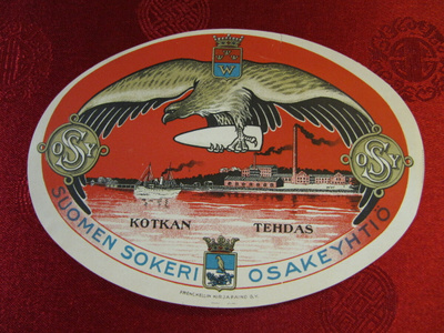 Suomen Sokeri Oy Kotkan Tehdas etiketti.