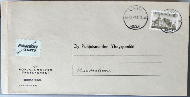 Pankkikirje Lammin kirkko -merkillä 1956 Lahti -leimalla