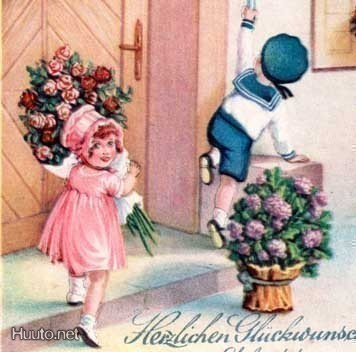 LAPSET / Tyttö ja poika, ruusuköynnös ja ruusuja... 1930-l.