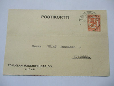 1928 Kolikkomäki Pohjolan Makeistehdas liikekortti