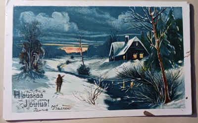 Yksinäinen mies rannalla, jouluvalot talossa, p. 1912