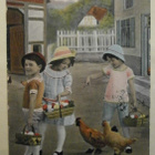 Lapset keräävät munia, kanat katselevat, Pääsiäispk, p. 1914 - pikkukuva 1