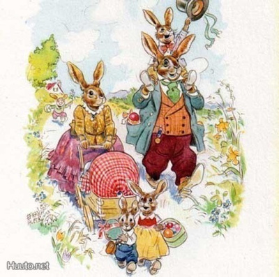 PUPU / Pupuperhe kävelyllä kevätsäässä. 1950-l.