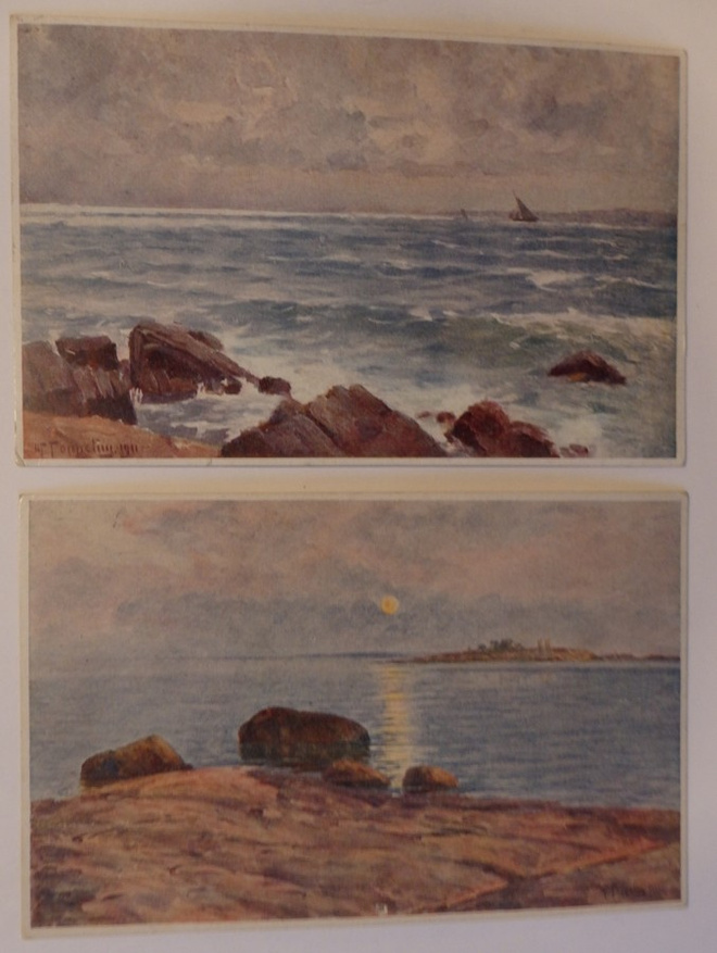 2 kpl Postikortteja, piirt. W. Toppelius merimaisemia