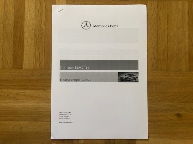 Hinnasto ja lisävarusteet Mercedes C207 E Coupe 2011. Esite