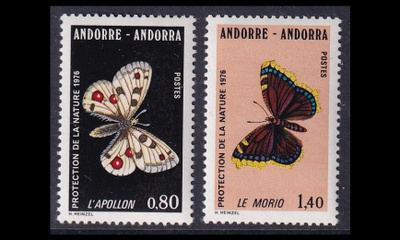 Andorra Fr 279-80 ** Luonnonsuojelu perhosia (1976)