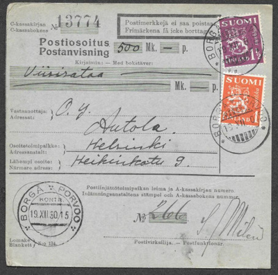 Postiosoitus - Yl.m. 1,5+1mk (LAPE 150+152) Porvoo 19.12.30